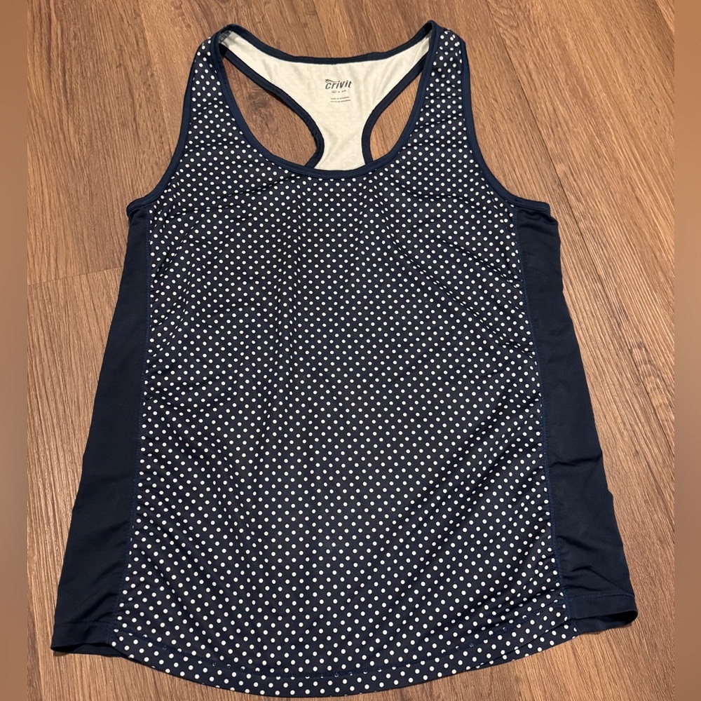 Crivit navy blue and white polka dot stretchy race back workout active tank top